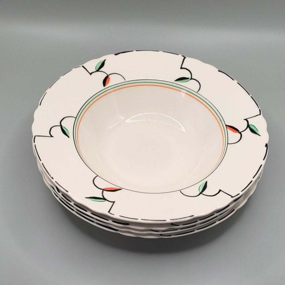 Elegant Cream Dinnerware Soup & Serving Bowl Set with Leaf Design By Myott 1930s